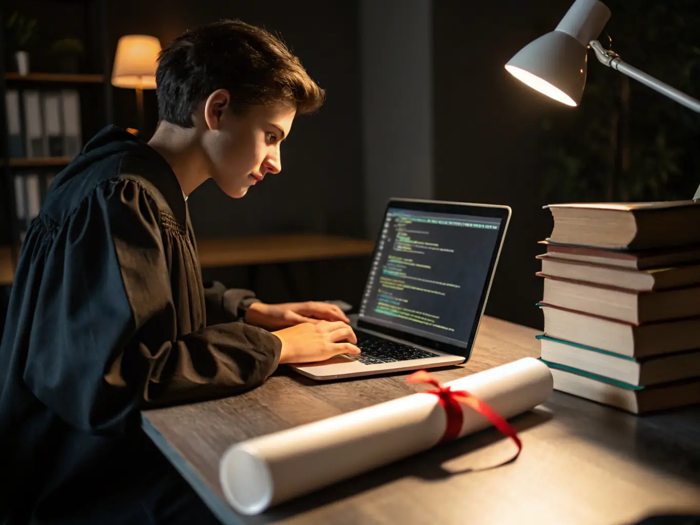 A student is coding on a laptop, focusing on backend development tasks. The image should convey a sense of learning and problem-solving in a modern, tech-focused environment.