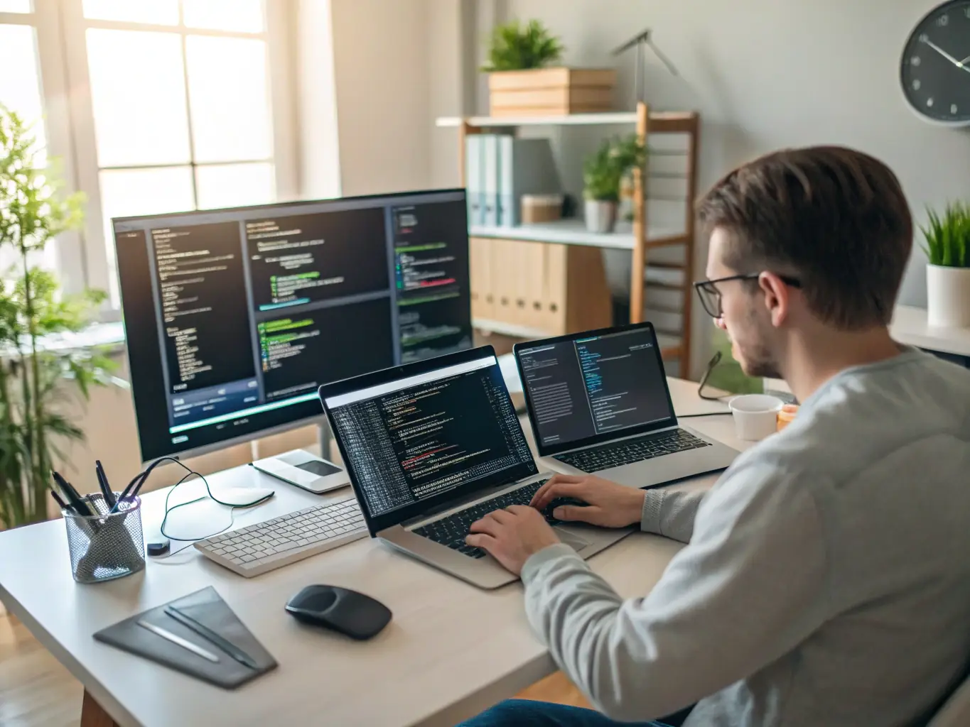 A professional developer working on a complex backend system, showcasing the practical application of the course's teachings.