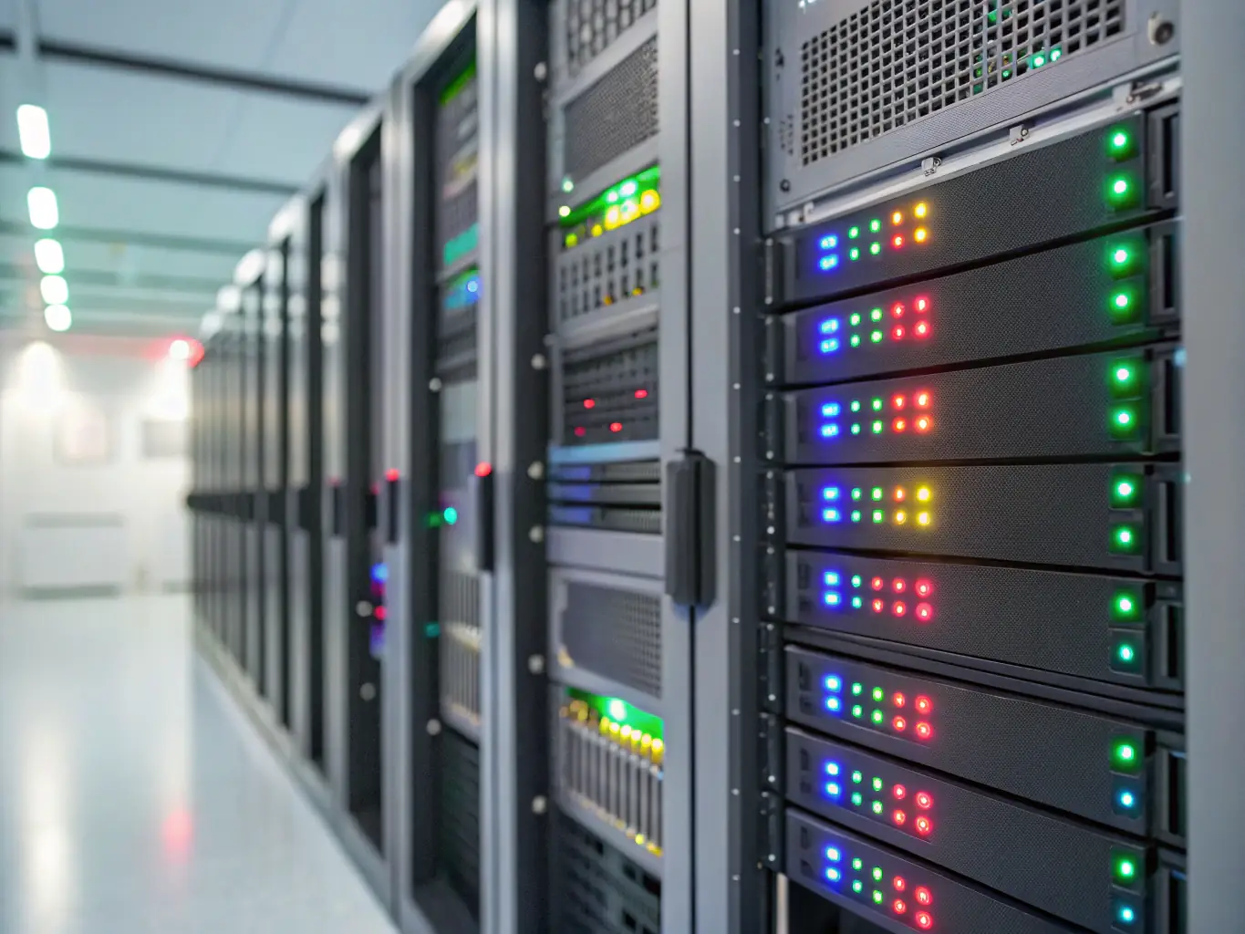 A server rack with blinking lights, symbolizing the infrastructure and technology behind backend systems. The image should represent the complexity and power of backend architecture.