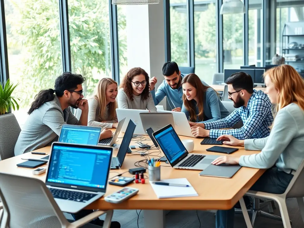 A diverse team of developers collaborating on a project, highlighting the collaborative nature of backend development roles.
